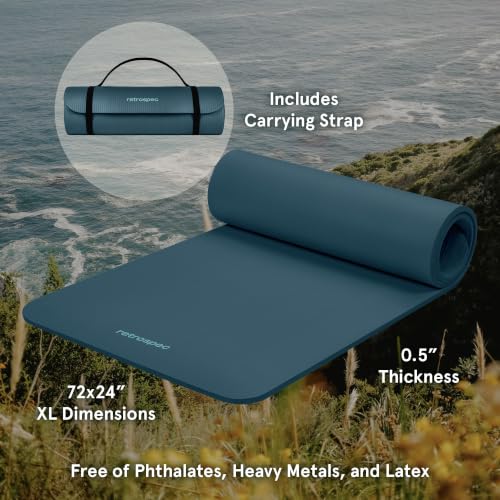 Retrospec Solana Yoga Mat Thick 1/2in Non-Slip Workout Mat with Nylon Strap - 72x24in Exercise Mat for Pilates, Stretching & Fitness - BPA Free, Easy Clean - color: Ocean Blue