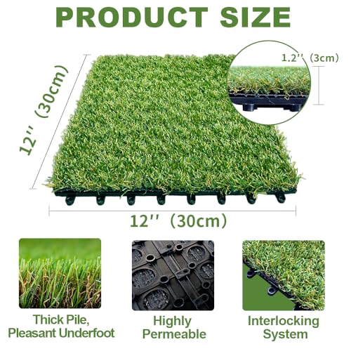 Qingbei Rina Artificial Grass Turf Tiles, 12"x12"/9 Pack | Highly Permeable,Interlocking System,Anti-UV,Non-toxic Recycle Repeat,Indoor Outdoor Faux Grass Rug