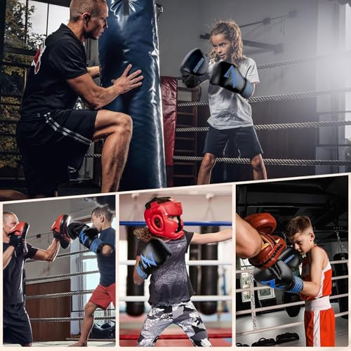 Kids Boxing Gloves 6 oz Youth Training Sparring Gloves for 3–12, Leather Ventilated Mesh, Boys Girls Junior Punching Gloves for PunchBag Focus Pads MMA Muay Thai Kickboxing - color: Blue