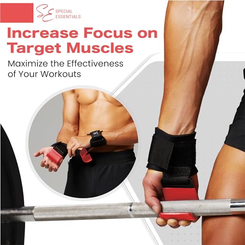 Special Essentials Weight Lifting Hooks - 1 Pair of Premium Steel Hooks with Padded Wrist Straps for Enhanced Grip, Support, and Comfort During Heavyweight Lifting and Pull-ups - Ideal for Powerlifting, Deadlifts, and Rows - color: Red
