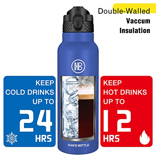 Han's Bottle Sports Water Bottle - 24 Oz, Straw Lid, Leak Proof, Vacuum Insulated Stainless Steel, Double Walled, Thermo Mug,Navy Blue - color: Navy Blue, size: 24 Ounces
