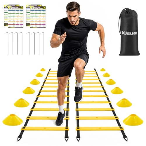 2 Pack 20ft Agility Ladder Set, 40ft Total Adjustable Speed Ladder with 12 Cones, 8 Stakes, 1 Carry Bag - Parallel Footwork Drills Gear for Football Soccer Basketball Training Equipment - color: Yellow