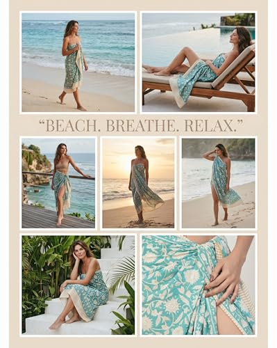 Beach Cover Ups for Women, Cotton Sarong Wrap Pareo | 100% Cotton Sarong Wraps For Women, 73 x 44 In. Pareo Beach Wrap, Bikini Cover Up, Bathing Suit Cover Up, Resort Wear - color: Sacred Turquoise