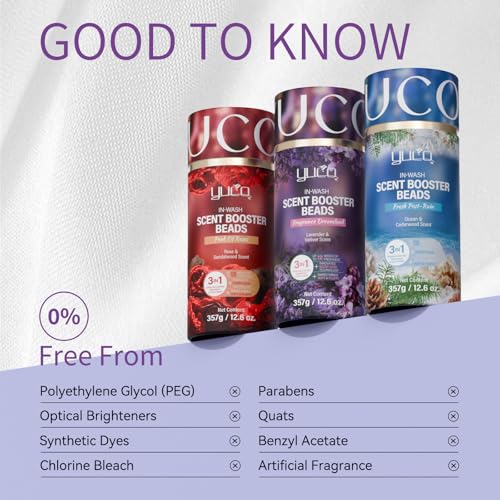 YUCO In-Wash Laundry Scent Booster Beads, Laundry Beads For Odor Protection, 2-in-1 Rose & Sandalwood Scent Beads, Long-Lasting Freshness Up to 12 Weeks, Eco‑Friendly & Safe, 12.6OZ