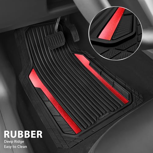 CAR PASS Heavy Duty Rubber Car Mats Metallic, Aluminum Film All Weather Floor Mats Waterproof Universal Trim to Fit Automotive SUV Sedan Van 4 Piece Anodized Deep Dish Two-Tone Sporty Black Red Chrome - color: BLack Red