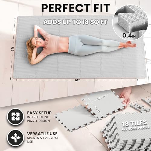 bemaxx Gym Mats Set - 18 pcs EVA Interlocking Foam Floor Tiles (12.6"x12.6"x0.4") 18sqft Protective Gym Flooring Sports Home Workout Exercise Mats Puzzle Garage Fitness Play-Room Pool Treadmill Bike - color: Grey, size: 18 Tiles | 18 sq ft