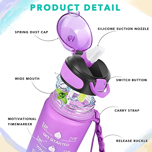 Enerbone 32 oz Drinking Water Bottle with Times to Drink and Straw, Motivational with Carrying Strap, Leakproof BPA & Toxic Free, Ensure You Drink Enough Water for Fitness Gym Outdoor - color: Purple Blue