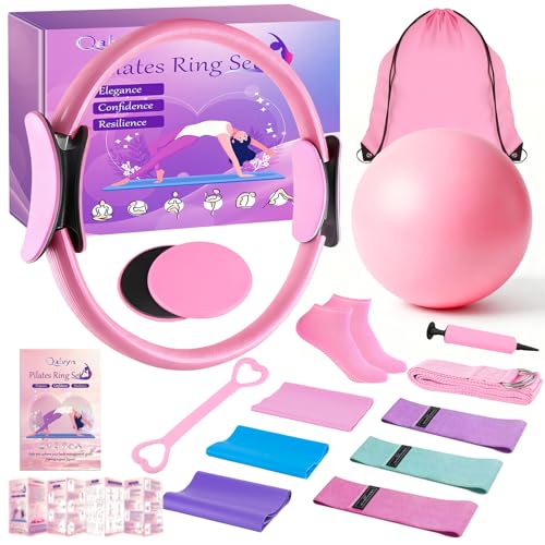 Home Pilates Kit for Women, Pilates Ring Set, Pilates Equipment Kit for Women Home Workouts, Pilates Essentials Kit with Pilates Ring and Ball, Resistance Bands for Strength, Toning, Flexibility - color: Pink-12 inch Ring