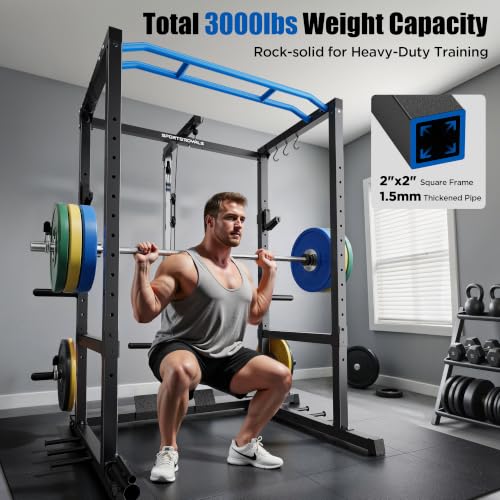 SPORTSROYALS Power Rack, Multi-Functional Power Cage, Squat Rack with Pulley System & LAT Pull Down, Workout Cage with J Hooks for Home Gym - color: Blue, style: Power Cage Only