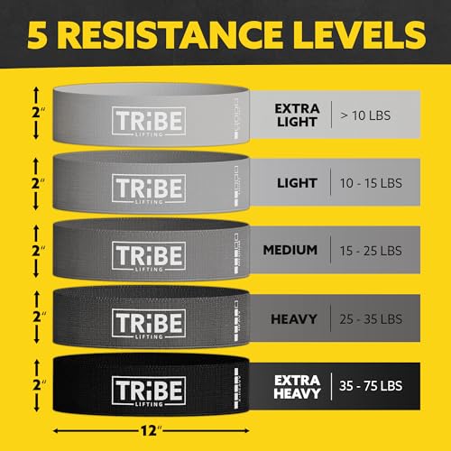 Tribe Lifting Fabric Resistance Bands for Working Out - 5 Exercise Bands Set for Legs and Glutes - Booty Bands for Women and Men - Thick Cloth Workout Bands for Physical Therapy, Hip Training - color: Grey