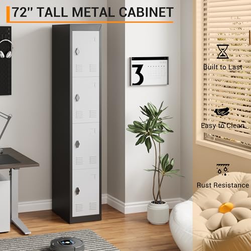72" Tall 4 Door Metal Locker with Key, Heavy Duty Steel Storage Cabinet with Shelves, Lockable Employee Locker for School, Office, Gym, Home, Garage, Grey & Black - size: 4 Door