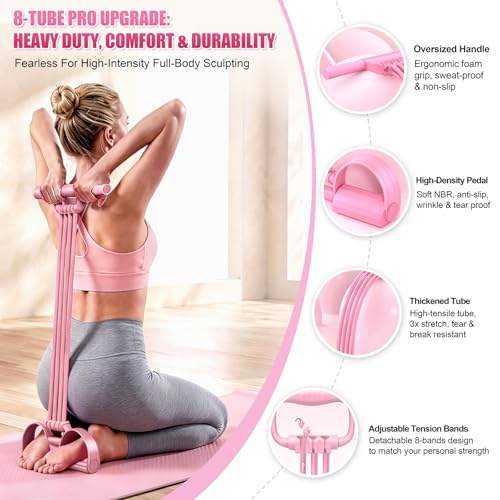 Multifunction Foot Pedal Resistance Bands with Handles, 3 in 1 Tension Rope Elastic Fitness Band for Home Workout, Yoga,Stretching, Full Body Exercise for Abs, Core, Waist, Arm, Leg - color: Pink