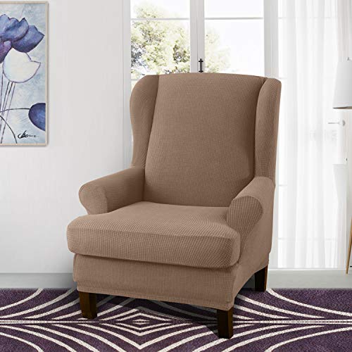 Granbest Premium Water Repellent Wingback Chair Cover 2-Piece High Stretch Jacquard Fabric Wing Back Chair Slipcovers (Wing Chair Cover, Camel) - color: Camel