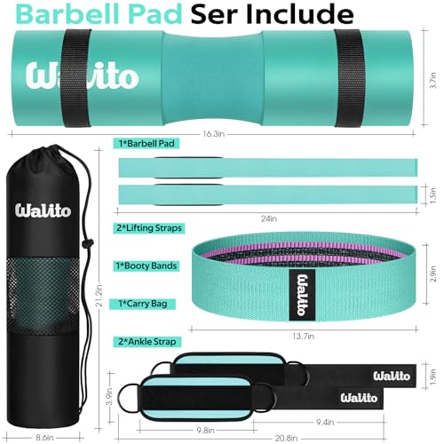 WALITO 8Pcs Barbell Pad Set for Hip Thrust - Squat Pad,Gym Accessories for Women with Bar Bad,Bench Press, with Gym Ankle Straps,Resistance Bands for Working Out,Lifting Strap,Carry Bag - color: Lake Blue