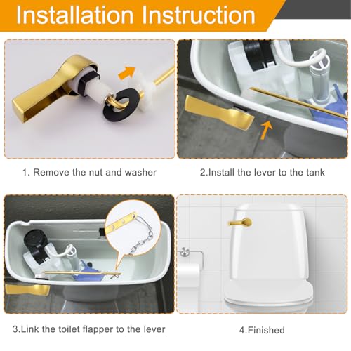 Hibbent Universal Metal Front Mount Toilet Handle Replacement Kit | Brushed Gold Solid Brass Toilet Flush Tank Lever, Stainless Steel Flapper Chains for Most Toilet Tanks - color: Brushed Gold, style: Upgraded Front Mount