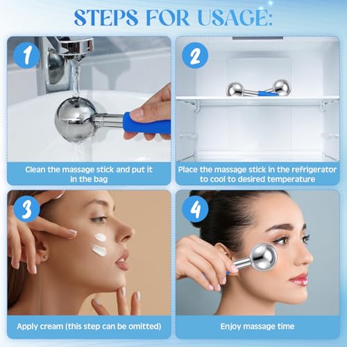 Baderke 2 Pcs Ice Globes for Face Stainless Steel Cooling Globes Unbreakable Cooling Roller Women Ice Balls Cryo Sticks Facials Skin Care for Dark Circles, Puffiness(Silver (Blue Handle)) - color: Silver (Blue Handle)