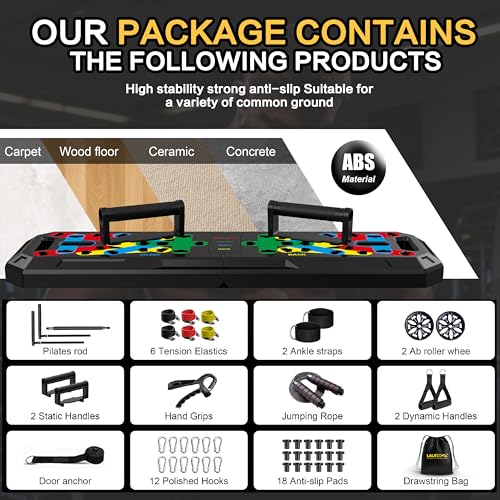 IUT Push Up Board, Portable Home Workout Equipment, All-in-One Fitness Exercise Equipment for Home Gym, Full Body Strength Training Equipment with Pilates Bar, Resistance Bands, Ab Roller for At Home Workout