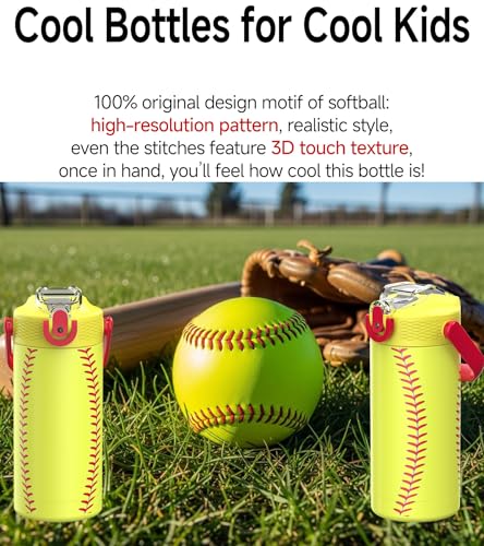 MYFOREST 14oz/400ml Insulated Kids Water Bottle, Odor-free Liner, 3D Touch | No Plastic Taste, Surgical Steel - No Chemical Leaching, Name Spot, Soft Sipper, Gift for Sports Fan, Softball - color: Softball