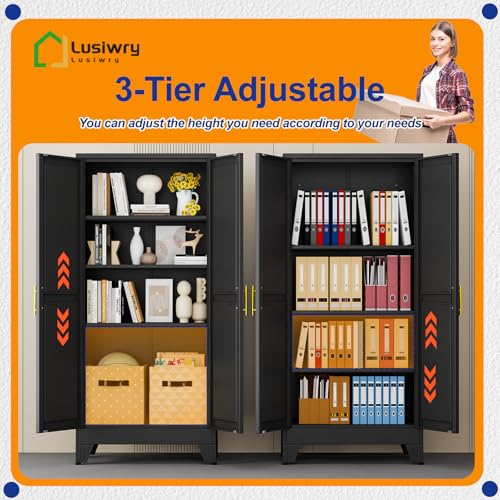 Metal Storage Cabinet with 2 Doors and 3 Adjustable Shelves - 61" Steel File Cabinet,Tool Cabinets for Office,Home,Garage,Gym,School,Bathroom,Kitchen(Black) - color: Black, size: 61H