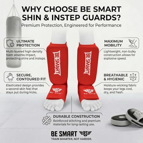 Be Smart Kids, Adults, Youth, Men and Women Muay Thai MMA Kickboxing Shin Guards, Instep Guard Training, Sparring Protective Gear Equipment Shin Kick Pads - color: Red, size: XXS ( 9 to 13 Years )