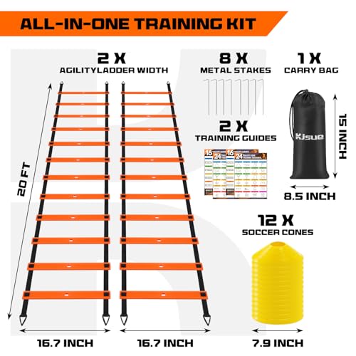 2 Pack 20ft Agility Ladder Set, 40ft Total Adjustable Speed Ladder with 12 Cones, 8 Stakes, 1 Carry Bag - Parallel Footwork Drills Gear for Football Soccer Basketball Training Equipment - color: Orange