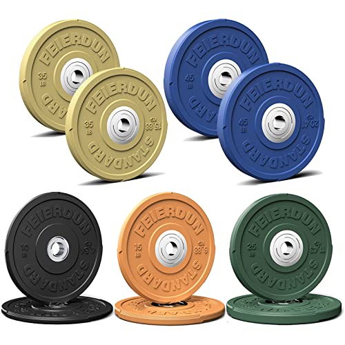 FEIERDUN Color Bumper Plate Set, 2-Inch Olympic Weight Plates, Low Bounce Rubber Barbell Plates with Stainless Steel Insert for Weightlifting, Strength Training, CrossFit & Home Gym, 10LB-370LB - style: Q) 260LBS SET