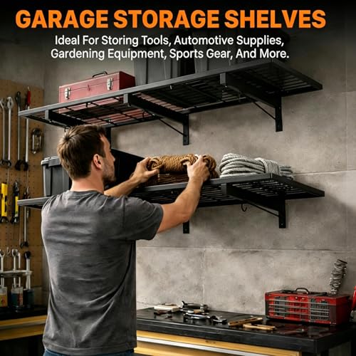 2-Pack Garage Wall Shelving, 46" × 12" Wall Mounted Floating Shelf, Heavy Duty Shelves 360 LBS Load Capacity, Black Storage Rack for Basement, Shop, Shed, Closet, Laundry Room - style: 2 PACK