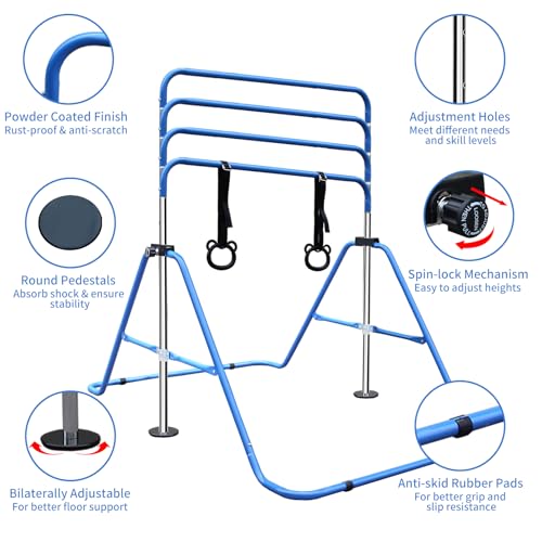 Gymnastics Bars for Kids with Rings, Junior Kip Training Bars Equipment for Home, Folding Height Adjustable Horizontal Bars - color: Blue