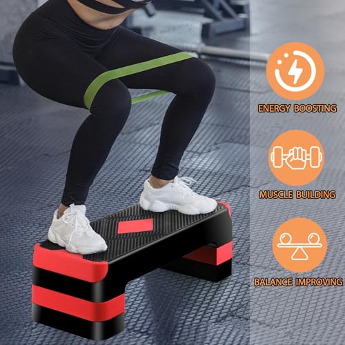 JupiterForce 26.5" Height Adjustable Step Aerobic Platform with 4 Risers, Exercise Workout Stepper for Home Training, Gym Fitness, 4''- 6'' - 8'', 400 lbs Capacity - color: Red
