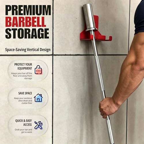Olympic Barbell Hanger,Garage Gym Bar Wall Rack,Vertical Barbell Mount Rack,Space Saving Commercial or Home Gym Accessory,Holds Under 33mm Bar Size