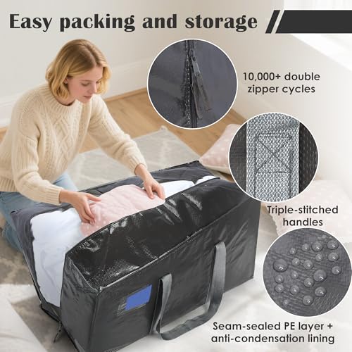 12 Pack Moving Bags with Full-Open Side Zipper, Extra Large 93L Heavy Duty Waterproof Foldable Storage Totes for College Dorm, Moving & Home Organization Gray - color: Gray, size: 12Pack