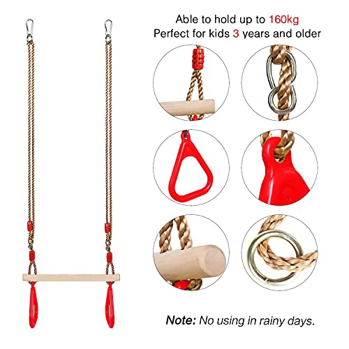 PELLOR Playground Children's Wooden Trapeze Swing Bar with Plastic Gym Rings Swing Set for Indoor & Outdoor Fun - color: Red