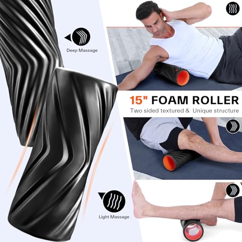 Sportneer 4 in 1 Pilates Foam Roller Muscle Relax Kit | with 2 Textured Foam Rollers Stringed Exercise Ball, Lacrosse Ball for Muscle Shoulder Back Leg Whole Body Relax Fitness Yoga - color: Black