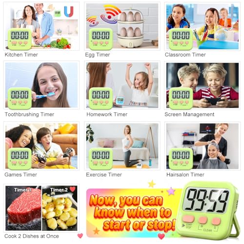 Antonki 2 Pack Digital Timer for Kids, Magnetic Countdown Kitchen Timers for Cooking, Egg, Classroom, Teacher, Exercise, Study, Oven - Battery Included - color: Light Green