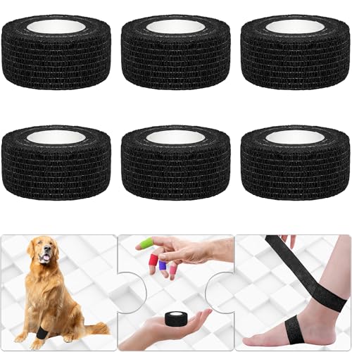 6 Pack 1 Inches Self Adhesive Bandage Wrap Breathable Cohesive Bandage Elastic Tape for Pets, Athletic, Sports, Wrist, Knee, Ankle(5 Yards Per Roll, Black) - color: Black, size: 1 Inch
