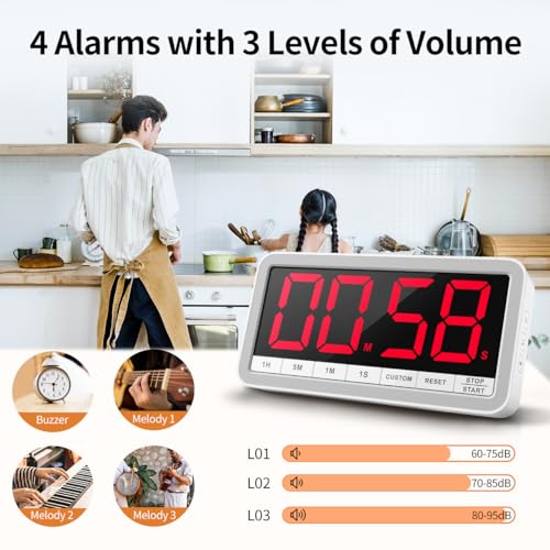 VOCOO Digital Kitchen Timer with 7.8” Extra Large Display, Magnetic, LED with 3 Brightness, 4 Alarms and 3 Volume Levels, Battery Countdown Count Up Timer for Cooking, Classroom, Home Gym (White) - color: White