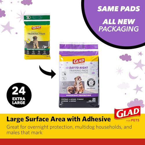 Glad for Pets Day to Night Activated Carbon Puppy Training Pads Odor Control Disposable Dog Pads Adhesive Wall Protection Leak Proof Super Absorbent 30 x 36 Inch 24 Count 2 Pack Indoor Training - color: Giant, size: 30" x 36" - 48 Count