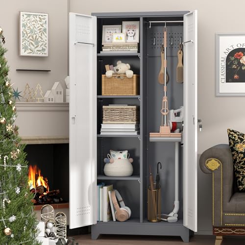 IRONFFICE Metal Storage Cabinets with Doors and Shelves,Tall Broom Closet Storage Cabinet with Pegboard,Utility Tool Cabinets,Steel Locking Cabinets for Home Office,Basement,Laundry,Grey-White - size: 72"H x 31.5"W x 15.74"D-Grey/white
