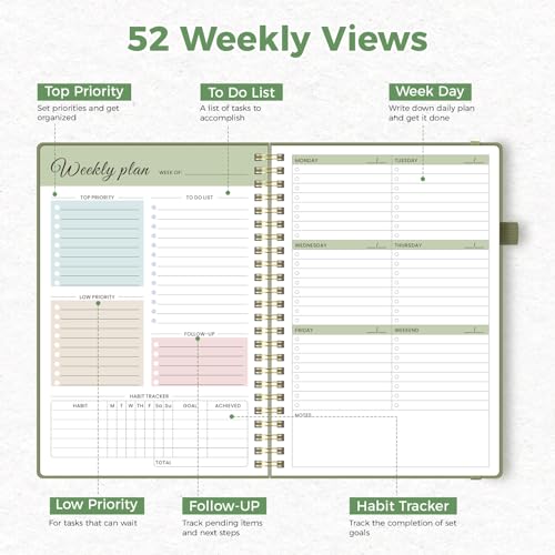 Oucaru Undated Weekly Planner, A5 To Do List Notebook with Goal & Habit Tracker Organizer, 52 Weekly Planner Notebook with Spiral Binding for Office Home School Supplies - size: A5-Green, style: Weekly Planner