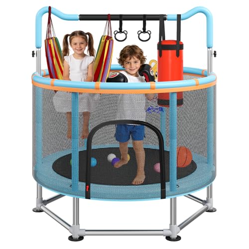 Full Wrap-Around Double Ring Legs 440lbsToddler Trampoline with Net,Trampoline for Kids - color: Blue, size: 60''