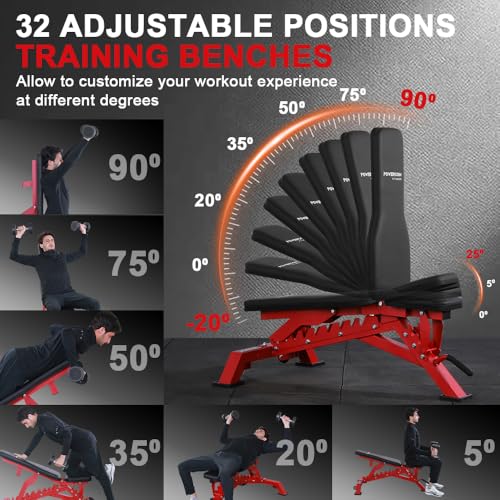 Strength Weight Bench 32 Adjustable Positions Training Benches - Heavy Duty Home Gym Equipment with 1300 LBS Weight Capacity Durable Steel Construction Incline Decline Bench for Full Body Workout - color: Red