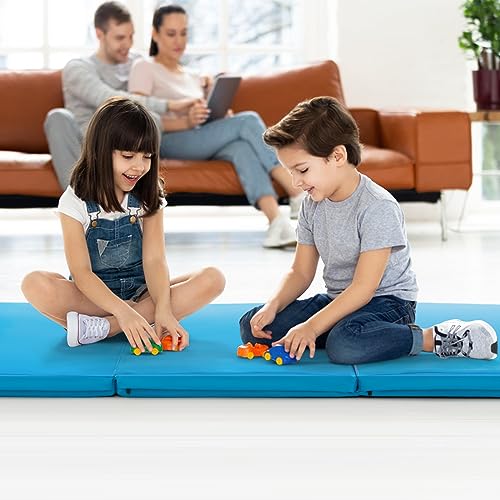 Goplus Folding Gymnastics Mat, 6’ x 2’ x 2’’ Thick Tri-Fold Exercise Tumbling Mat w/Carrying Handles, Hook & Loop Fastener, Gym mats for Home Fitness Yoga Aerobics Workouts Martial Arts - color: Blue
