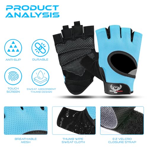 BEAST RAGE Fingerless Weight Lifting Gloves with Palm Protection Padding, Breathable Lightweight Gym Gloves for Men, Women, Weightlifting, Cycling, Exercise, Training Pull Up - color: Aqua, size: Medium