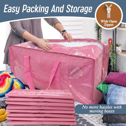 6 Pack Extra Heavy Duty Large Moving Bags with Strong Zipper & Comfortable Handles, Sturdy & Durable Clothes Storage Bags Totes Bins, Packing Moving Boxes for College Supplies, Pink - color: Pink, size: 6 Pack