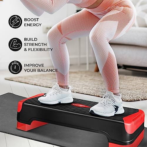 Yes4All 2-in-1 Adjustable Aerobic Step Platform Fitness Exercise Stepper with Rocker Balance Board Legs for Home Workout, Step Exercise & Balance Training - color: C. Red