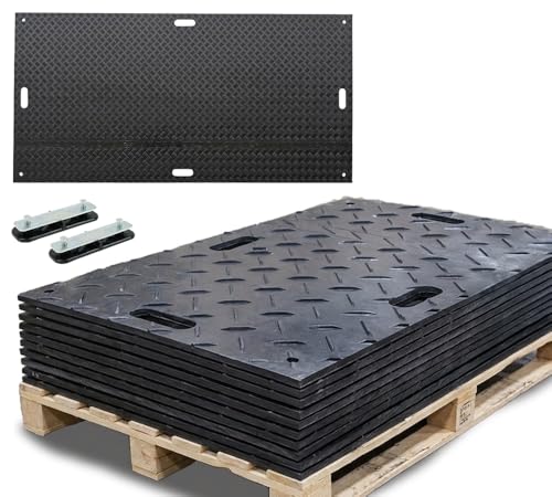 Mytee Products 12Pcs 4' x 8' Ground Protection Mats w/ 22 Pcs Single Connectors - Double Sided Diamond Plated Tread Design High Density Polyethylene Mat, Easily Supports 120 Ton Loads on Lawns, Dirt - color: Black, size: 12 - Pack