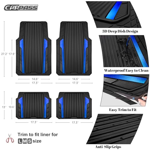 CAR PASS Heavy Duty Rubber Car Mats Metallic,Aluminum Film All Weather Floor Mats Waterproof Universal Trim to Fit Automotive SUV Sedan Van 4 Piece Anodized Deep Dish Two-Tone Sporty Black Blue Chrome - color: Black Blue