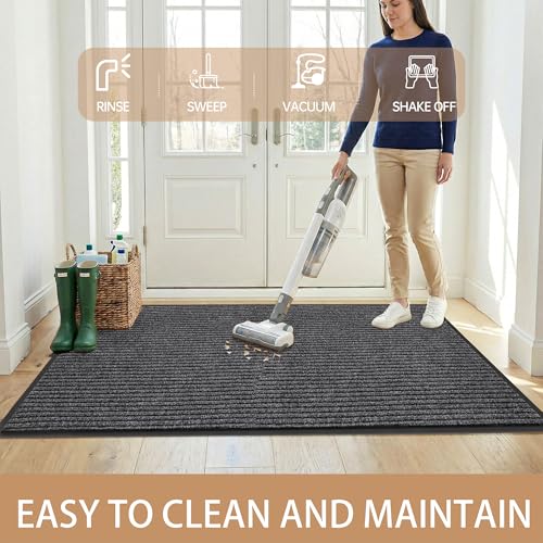 100pointONE Durable Indoor Outdoor Door Mats for Entryway, Heavy Duty Front Door Mat, 48” x 24” Low Profile Welcome Mats for Entry, Stain and Fade Resistant Indoor Outdoor Entrance Mat - color: Dark Grey Striped, size: 2' x 4' (Rectangular)