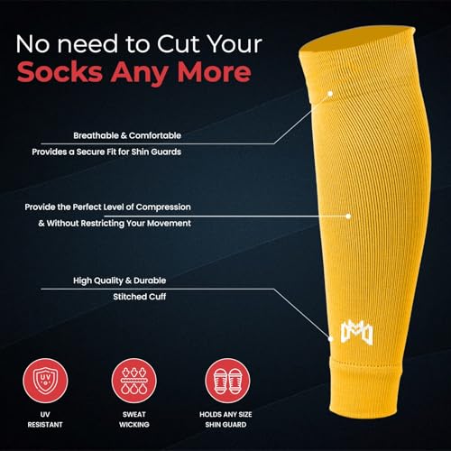 MediCaptain Pre Cut Soccer Sock Sleeves, Companion for Soccer Grip Socks, Securely Holds Shin Guards, Compression Leg Warmer - color: Yellow