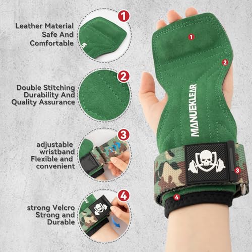 MANUEKLEAR Gym Straps Weight Lifting, Double Leather Lifting Straps for Men Deadlift with Cushion Wrist Loop, Gym Lifting Wrist Wraps for Weightlifting - color: Size S - Green